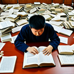 **

A student studying for the Public Administrator exam, surrounded by books and notes, but looking stressed and overwhelmed by the "sea of questions." The scene should visually represent the feeling of being lost in rote memorization without true understanding.  Subtle elements of traditional Chinese study culture can be incorporated.

**