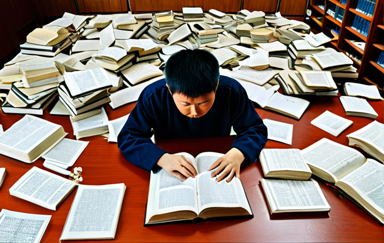 **

A student studying for the Public Administrator exam, surrounded by books and notes, but looking stressed and overwhelmed by the "sea of questions." The scene should visually represent the feeling of being lost in rote memorization without true understanding.  Subtle elements of traditional Chinese study culture can be incorporated.

**