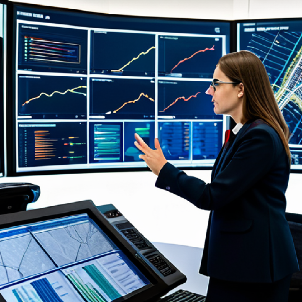 A diverse team of public administration professionals, fully clothed in modest business attire, collaborates intently within a modern, high-tech control room. They are gathered around a large, interactive digital display showcasing intricate data visualizations and urban planning models, representing efficient digital governance. One professional gestures towards a specific data point, engaging in a focused discussion with colleagues. The scene emphasizes data-driven strategic planning and collaborative problem-solving. Perfect anatomy, correct proportions, natural pose, well-formed hands, proper finger count, natural body proportions, appropriate content, safe for work, professional photography, high quality, family-friendly.