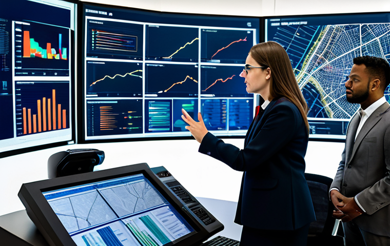 A diverse team of public administration professionals, fully clothed in modest business attire, collaborates intently within a modern, high-tech control room. They are gathered around a large, interactive digital display showcasing intricate data visualizations and urban planning models, representing efficient digital governance. One professional gestures towards a specific data point, engaging in a focused discussion with colleagues. The scene emphasizes data-driven strategic planning and collaborative problem-solving. Perfect anatomy, correct proportions, natural pose, well-formed hands, proper finger count, natural body proportions, appropriate content, safe for work, professional photography, high quality, family-friendly.