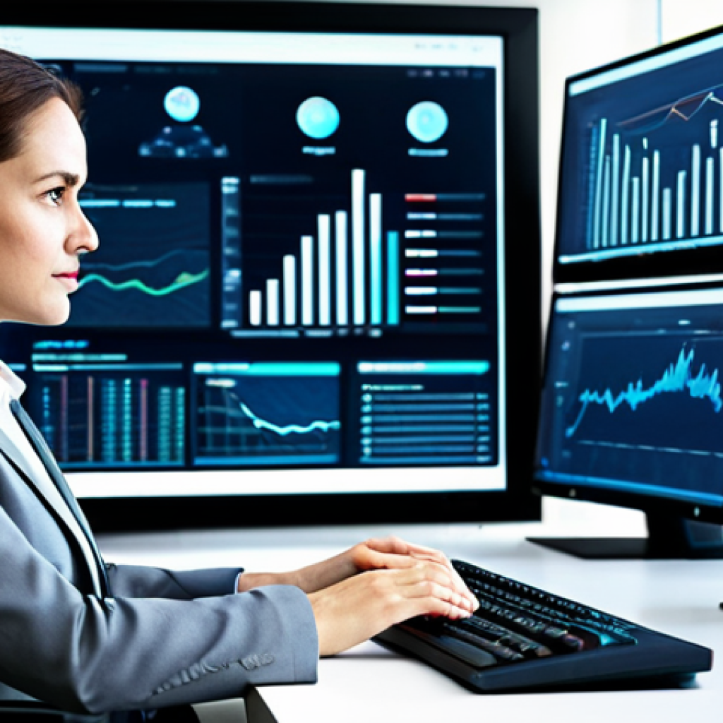 A professional public administrator, fully clothed in a modest business suit, is seated at a sleek modern workstation. Multiple large monitors display complex, yet clear, data visualizations and digital interfaces, highlighting data-driven decision-making. The background is a contemporary government office, clean and well-lit. The subject is focused, with a natural pose and correct proportions, reflecting digital transformation. Perfect anatomy, well-formed hands, proper finger count, natural body proportions, professional photography, high quality, safe for work, appropriate content, family-friendly.