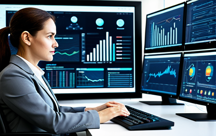 A professional public administrator, fully clothed in a modest business suit, is seated at a sleek modern workstation. Multiple large monitors display complex, yet clear, data visualizations and digital interfaces, highlighting data-driven decision-making. The background is a contemporary government office, clean and well-lit. The subject is focused, with a natural pose and correct proportions, reflecting digital transformation. Perfect anatomy, well-formed hands, proper finger count, natural body proportions, professional photography, high quality, safe for work, appropriate content, family-friendly.