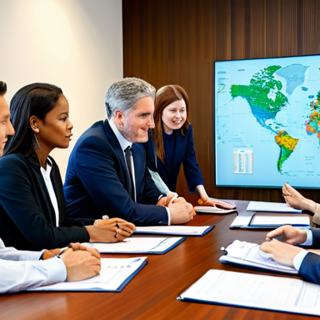 A diverse group of professional public administrators, fully clothed in modest business attire, collaborating around a large table in a modern international conference room. Global maps and subtle digital displays are visible in the background. They are engaged in a thoughtful discussion, looking at documents and a shared screen, depicting global cooperation. The atmosphere is professional and collaborative, safe for work, appropriate content, family-friendly. Perfect anatomy, correct proportions, natural pose, well-formed hands, proper finger count, natural body proportions, high-quality professional photography, soft lighting.