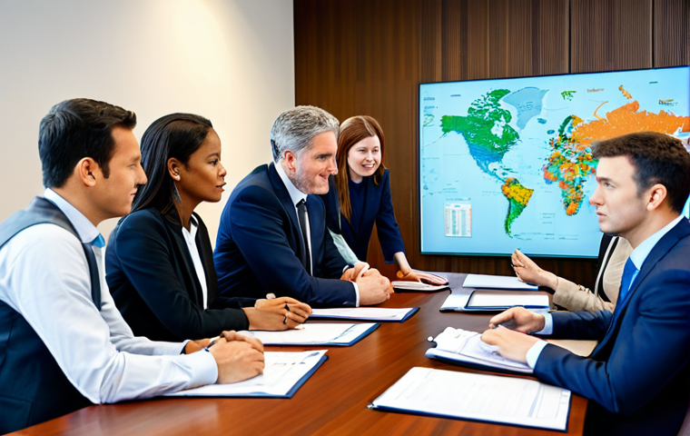 A diverse group of professional public administrators, fully clothed in modest business attire, collaborating around a large table in a modern international conference room. Global maps and subtle digital displays are visible in the background. They are engaged in a thoughtful discussion, looking at documents and a shared screen, depicting global cooperation. The atmosphere is professional and collaborative, safe for work, appropriate content, family-friendly. Perfect anatomy, correct proportions, natural pose, well-formed hands, proper finger count, natural body proportions, high-quality professional photography, soft lighting.