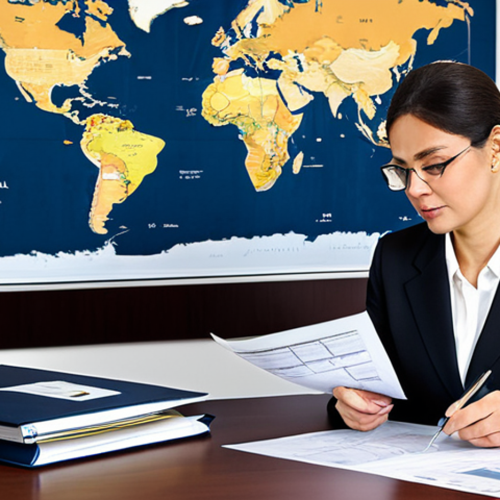 **

"A professional public administrator in a modern office setting, reviewing documents related to international cooperation. The office includes globes, flags of different nations, and charts illustrating global trends. Fully clothed in appropriate business attire, safe for work, perfect anatomy, correct proportions, natural pose, professional, modest, family-friendly."

**