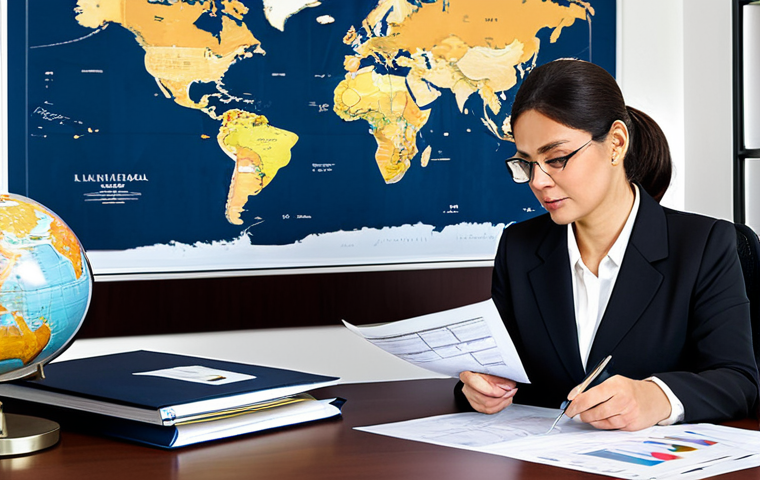 **

"A professional public administrator in a modern office setting, reviewing documents related to international cooperation. The office includes globes, flags of different nations, and charts illustrating global trends. Fully clothed in appropriate business attire, safe for work, perfect anatomy, correct proportions, natural pose, professional, modest, family-friendly."

**