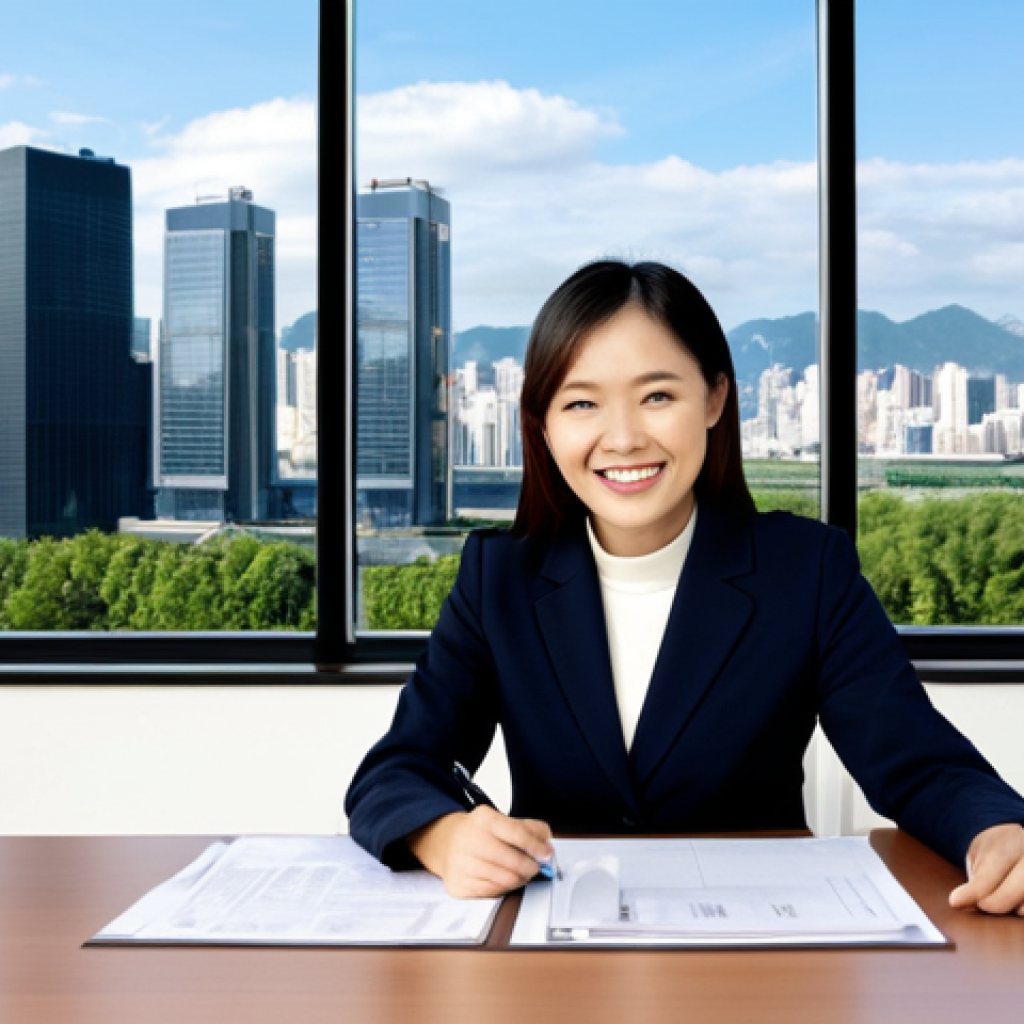 International Organization Professional**

A bright, modern office setting. A smiling, professional Asian woman in her early 30s, fully clothed in a modest business suit (skirt and jacket), sits at a large desk reviewing documents. Natural lighting, perfect anatomy, correct proportions, well-formed hands, proper finger count. The background includes a window view of a modern cityscape. Safe for work, appropriate content, professional, family-friendly.

**