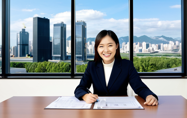 International Organization Professional**

A bright, modern office setting. A smiling, professional Asian woman in her early 30s, fully clothed in a modest business suit (skirt and jacket), sits at a large desk reviewing documents. Natural lighting, perfect anatomy, correct proportions, well-formed hands, proper finger count. The background includes a window view of a modern cityscape. Safe for work, appropriate content, professional, family-friendly.

**