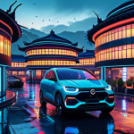 ** A bustling, modern smart city at dusk, featuring futuristic architecture blended with traditional Chinese elements (like curved roofs or courtyard layouts). Highlight advanced technology: self-driving vehicles, drone deliveries, holographic projections. The scene should evoke a sense of progress, efficiency, and harmonious living. Focus on vibrant colors, especially neon lights reflecting on wet streets. Use photorealistic rendering, with a cinematic feel.

**