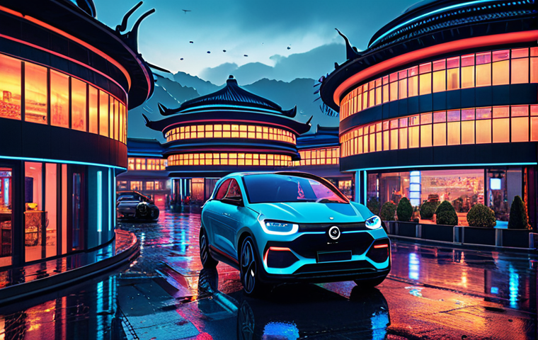 ** A bustling, modern smart city at dusk, featuring futuristic architecture blended with traditional Chinese elements (like curved roofs or courtyard layouts). Highlight advanced technology: self-driving vehicles, drone deliveries, holographic projections. The scene should evoke a sense of progress, efficiency, and harmonious living. Focus on vibrant colors, especially neon lights reflecting on wet streets. Use photorealistic rendering, with a cinematic feel.

**