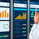 공공관리사 실무에서 필요한 데이터 관리 기술 - A modern, smart community center showcasing data dashboards displaying resident information (demogra...