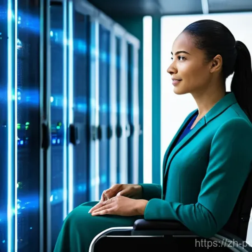 공공관리사 직무에서의 윤리적 문제와 해결 방법 - **Prompt:** A futuristic, clean public service data center with transparent server racks glowing wit...