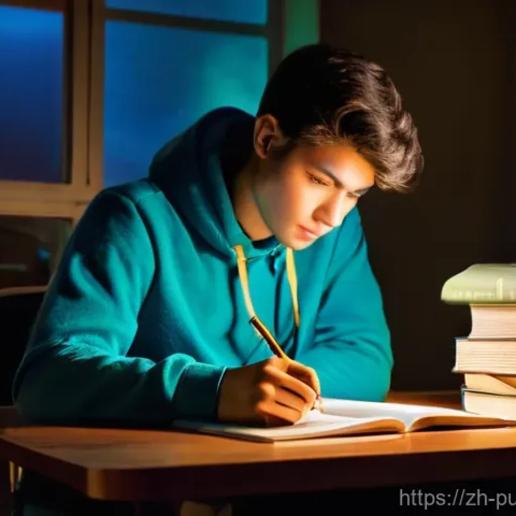 공공관리사 필기시험에서 시간 관리법 - **Prompt:** A young adult student, appearing to be in their early twenties, sitting at a cluttered d...