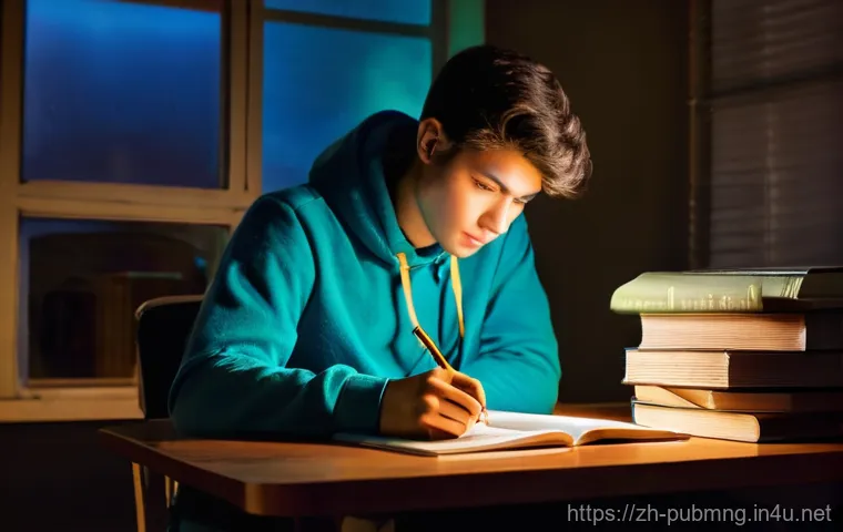 공공관리사 필기시험에서 시간 관리법 - **Prompt:** A young adult student, appearing to be in their early twenties, sitting at a cluttered d...