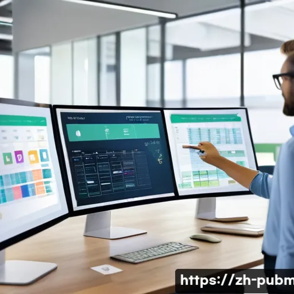 공공관리사 실무에서 자주 사용하는 소프트웨어와 도구 - A modern digital workspace scene showing a diverse team of professionals collaborating on a multi-fu...