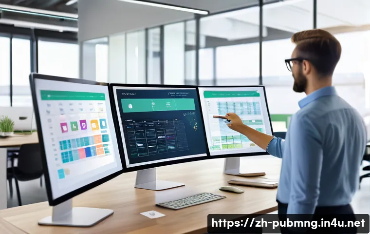 공공관리사 실무에서 자주 사용하는 소프트웨어와 도구 - A modern digital workspace scene showing a diverse team of professionals collaborating on a multi-fu...