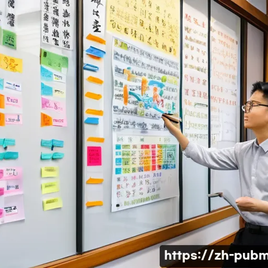 공공관리사 시험 과목별 심화 학습법 - A modern study room scene with a young adult Chinese student diligently creating a colorful mind map...