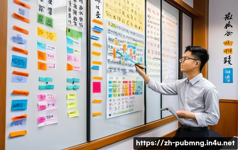 공공관리사 시험 과목별 심화 학습법 - A modern study room scene with a young adult Chinese student diligently creating a colorful mind map...