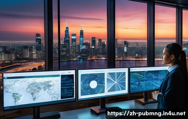 공공관리사 관련 도서와 논문 추천 - A modern smart city governance scene at dusk, showing a diverse group of professionals in a high-tec...