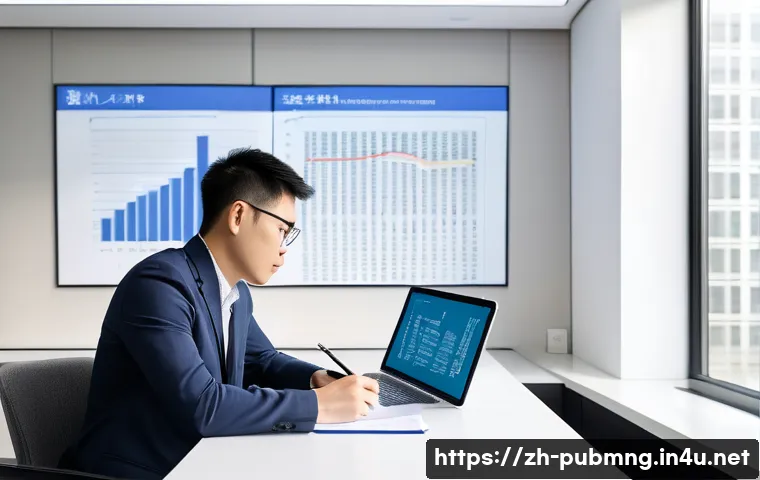 공공관리사 필수 과목 정리 - A modern study scene featuring a young Chinese professional in casual business attire sitting at a s...