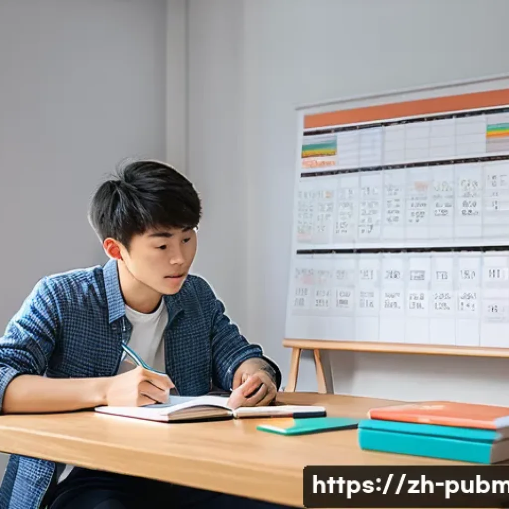 공공관리사 시험 준비 과정에서의 시간 관리 방법 - A modern study room scene featuring a young Chinese adult seated at a tidy desk surrounded by organi...