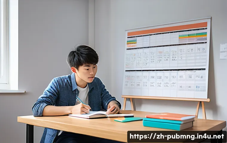 공공관리사 시험 준비 과정에서의 시간 관리 방법 - A modern study room scene featuring a young Chinese adult seated at a tidy desk surrounded by organi...