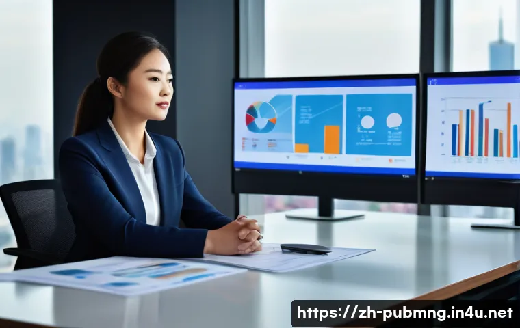 공공관리사 자격증으로 시작하는 새로운 커리어 - A modern office scene showing a confident young professional woman in business attire sitting at a d...