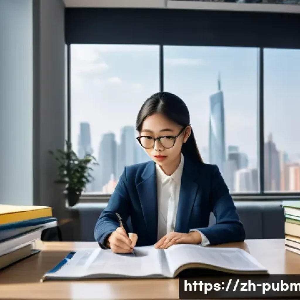 공공관리사 자격증으로 시작하는 새로운 도전 - A modern office setting with a young professional Chinese woman studying public administration exam ...