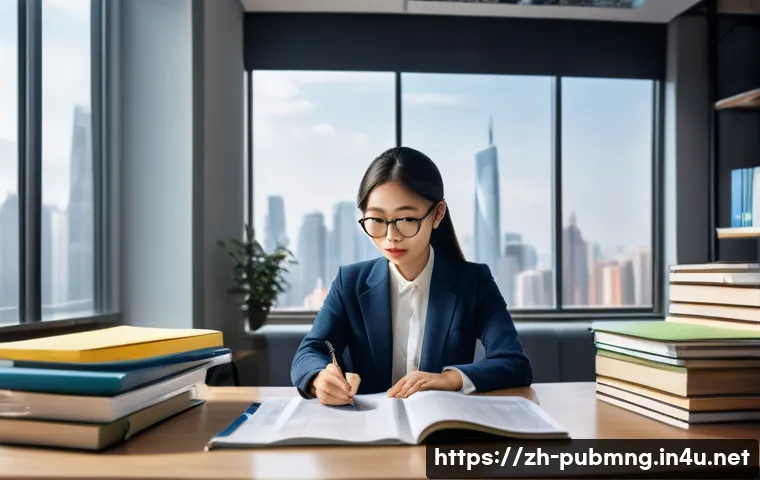 공공관리사 자격증으로 시작하는 새로운 도전 - A modern office setting with a young professional Chinese woman studying public administration exam ...