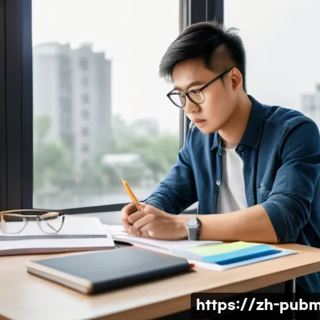 공공관리사 이직 성공 사례 - A focused young Chinese professional studying at a modern desk in a bright, minimalist room with nat...