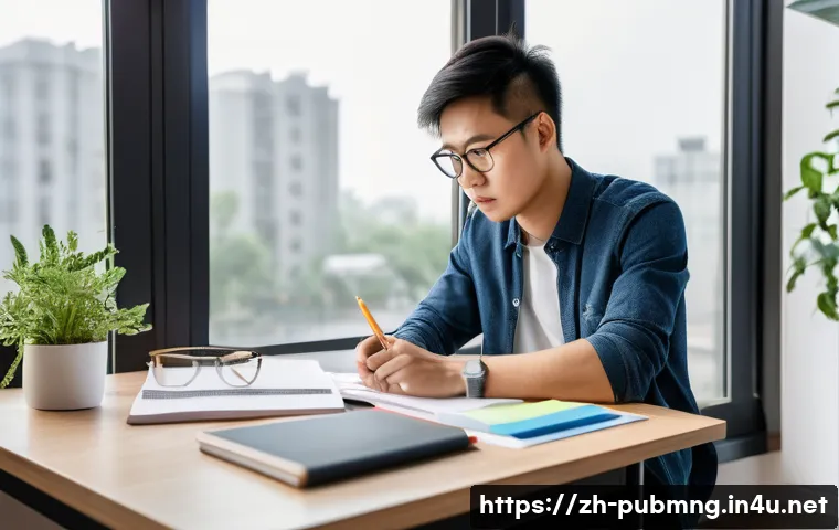 공공관리사 이직 성공 사례 - A focused young Chinese professional studying at a modern desk in a bright, minimalist room with nat...