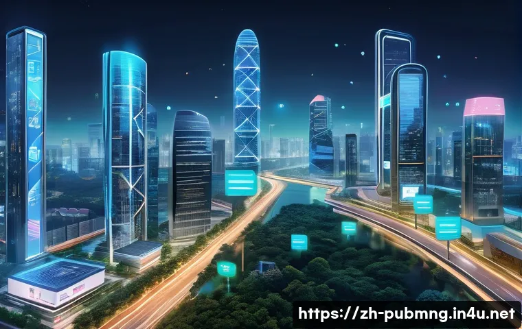 공공관리사와 관련된 국제 협력 사례 - A futuristic smart city scene at dusk in East Asia, featuring interconnected IoT devices, cloud comp...