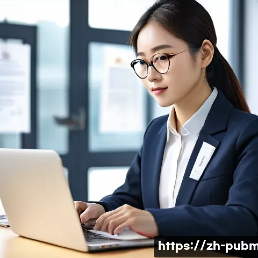 공공관리사 시험 합격 후 필요한 절차 - A modern office scene showing a young Chinese professional woman in business attire, sitting at a cl...