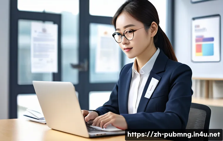 공공관리사 시험 합격 후 필요한 절차 - A modern office scene showing a young Chinese professional woman in business attire, sitting at a cl...