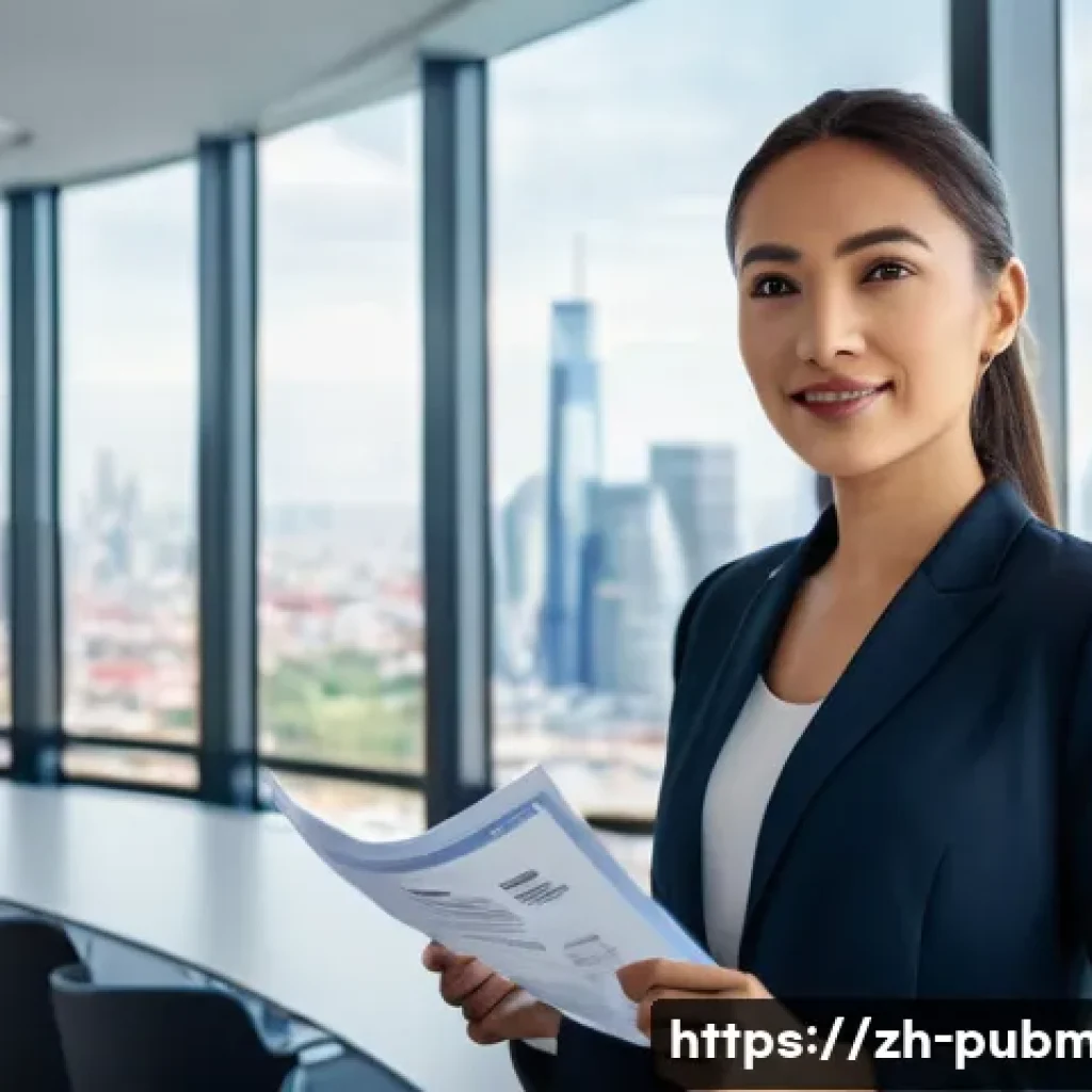 공공관리사 자격증으로 시작하는 글로벌 커리어 - A confident young professional woman in modern business attire, holding a Public Administration Cert...