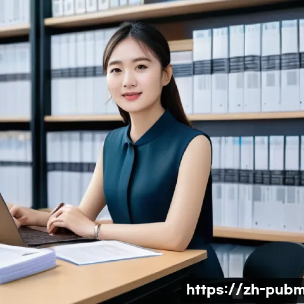 공공관리사 취업 시 참고해야 할 필수 자료 - A professional Chinese public administration office scene, featuring a confident young woman in busi...