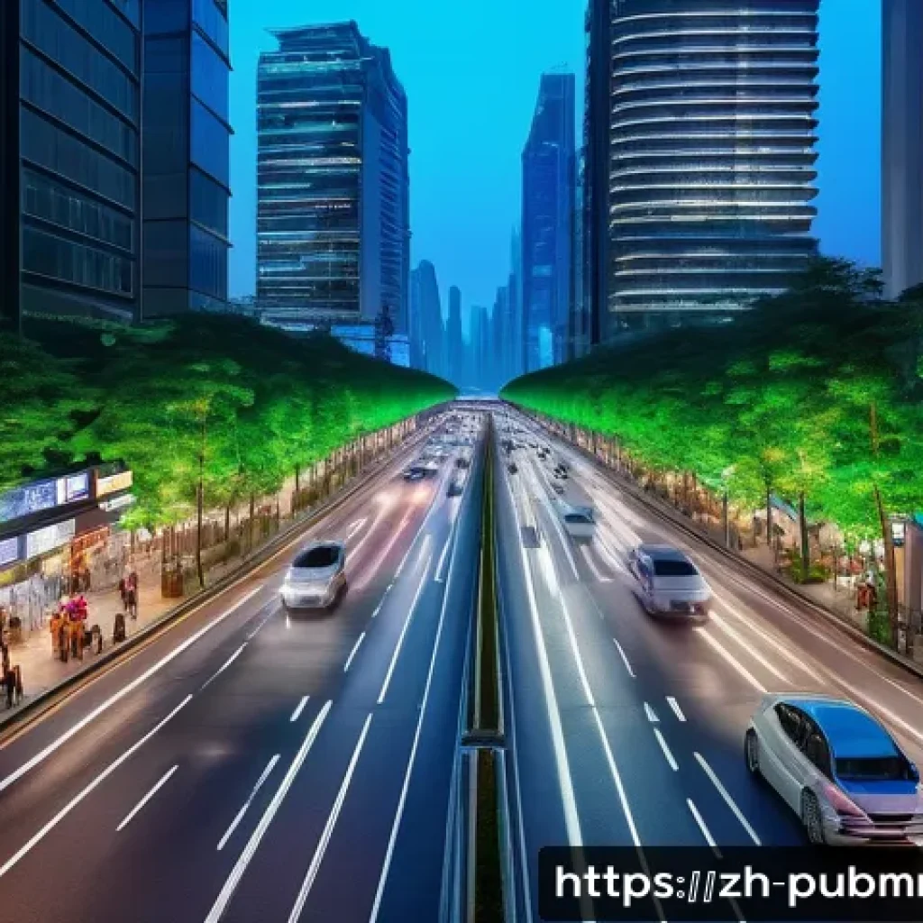 공공관리사와 관련된 산업 혁신 사례 - A bustling modern smart city street scene at dusk, featuring intelligent traffic systems with AI-pow...