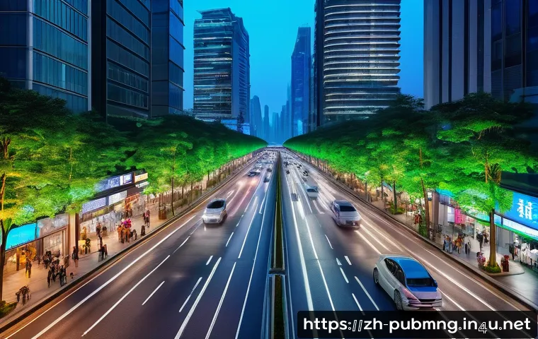 공공관리사와 관련된 산업 혁신 사례 - A bustling modern smart city street scene at dusk, featuring intelligent traffic systems with AI-pow...