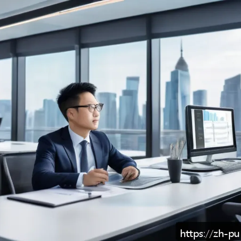 공공관리사 직업군과 연계된 업무 - A modern urban office scene showing a professional public administrator in business casual attire, s...