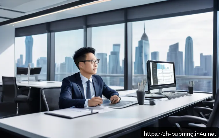공공관리사 직업군과 연계된 업무 - A modern urban office scene showing a professional public administrator in business casual attire, s...