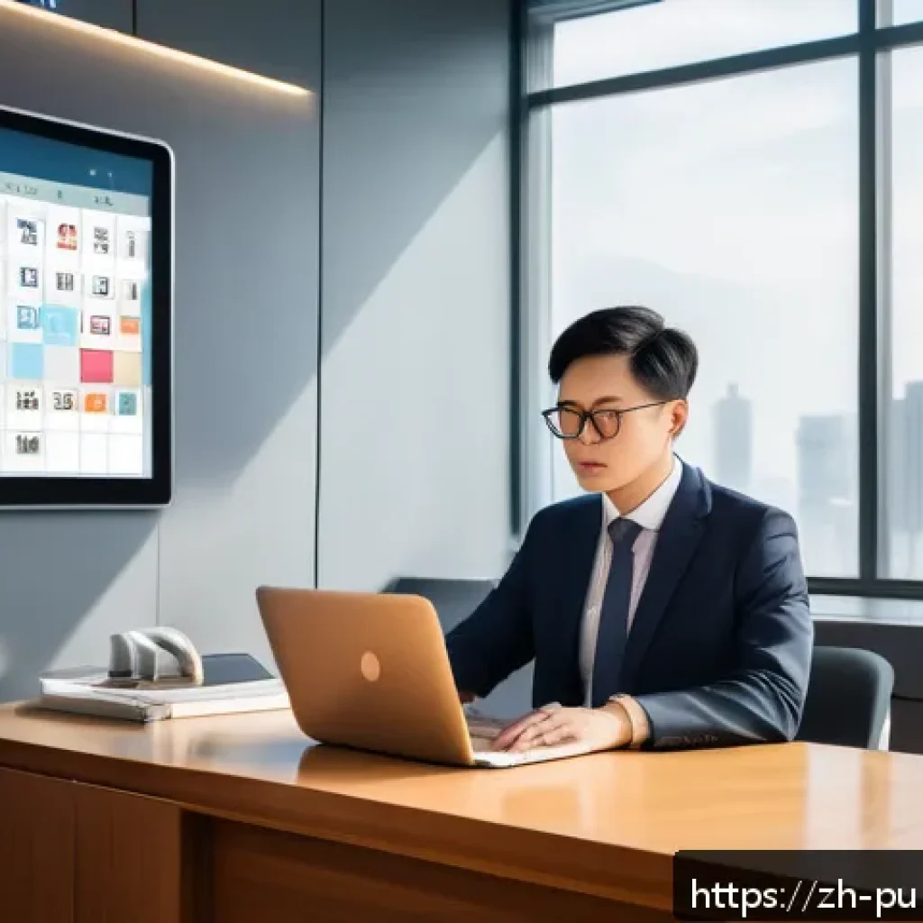 공공관리사 직무에서의 성공 사례 - A modern Chinese government office scene with a focused civil servant wearing smart business attire ...