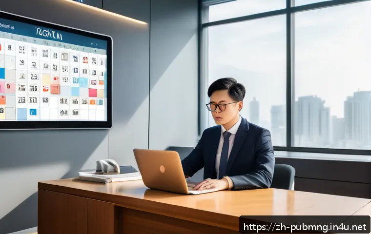 공공관리사 직무에서의 성공 사례 - A modern Chinese government office scene with a focused civil servant wearing smart business attire ...
