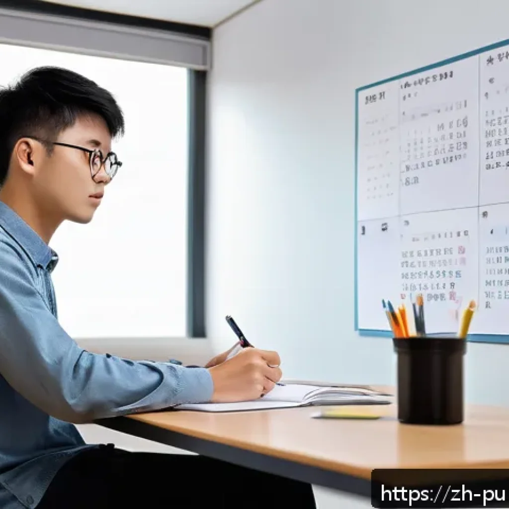 공공관리사 시험 대비를 위한 필수 자료와 체크리스트 - A modern study room scene featuring a young Chinese adult student diligently following a structured ...