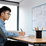 공공관리사 시험 대비를 위한 필수 자료와 체크리스트 - A modern study room scene featuring a young Chinese adult student diligently following a structured ...