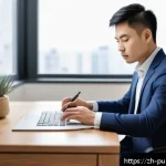 공공관리사 실무 경험 공유 - A modern office scene showing a focused young professional using the Pomodoro Technique: a digital t...