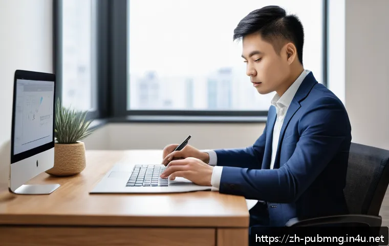 공공관리사 실무 경험 공유 - A modern office scene showing a focused young professional using the Pomodoro Technique: a digital t...