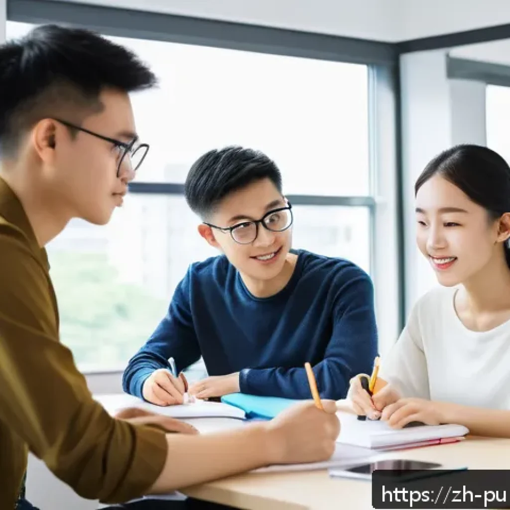 공공관리사 시험 대비를 위한 스터디 그룹 운영 사례 - A diverse study group of five young adults sitting around a modern table in a bright, cozy study roo...