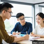 공공관리사 시험 대비를 위한 스터디 그룹 운영 사례 - A diverse study group of five young adults sitting around a modern table in a bright, cozy study roo...