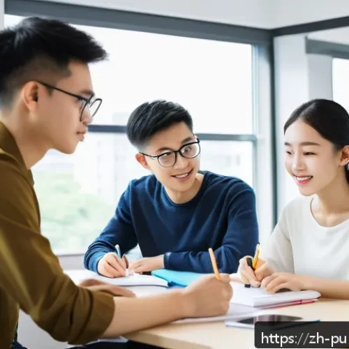 공공관리사 시험 대비를 위한 스터디 그룹 운영 사례 - A diverse study group of five young adults sitting around a modern table in a bright, cozy study roo...