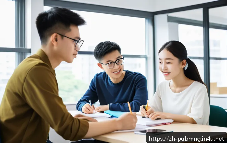 공공관리사 시험 대비를 위한 스터디 그룹 운영 사례 - A diverse study group of five young adults sitting around a modern table in a bright, cozy study roo...